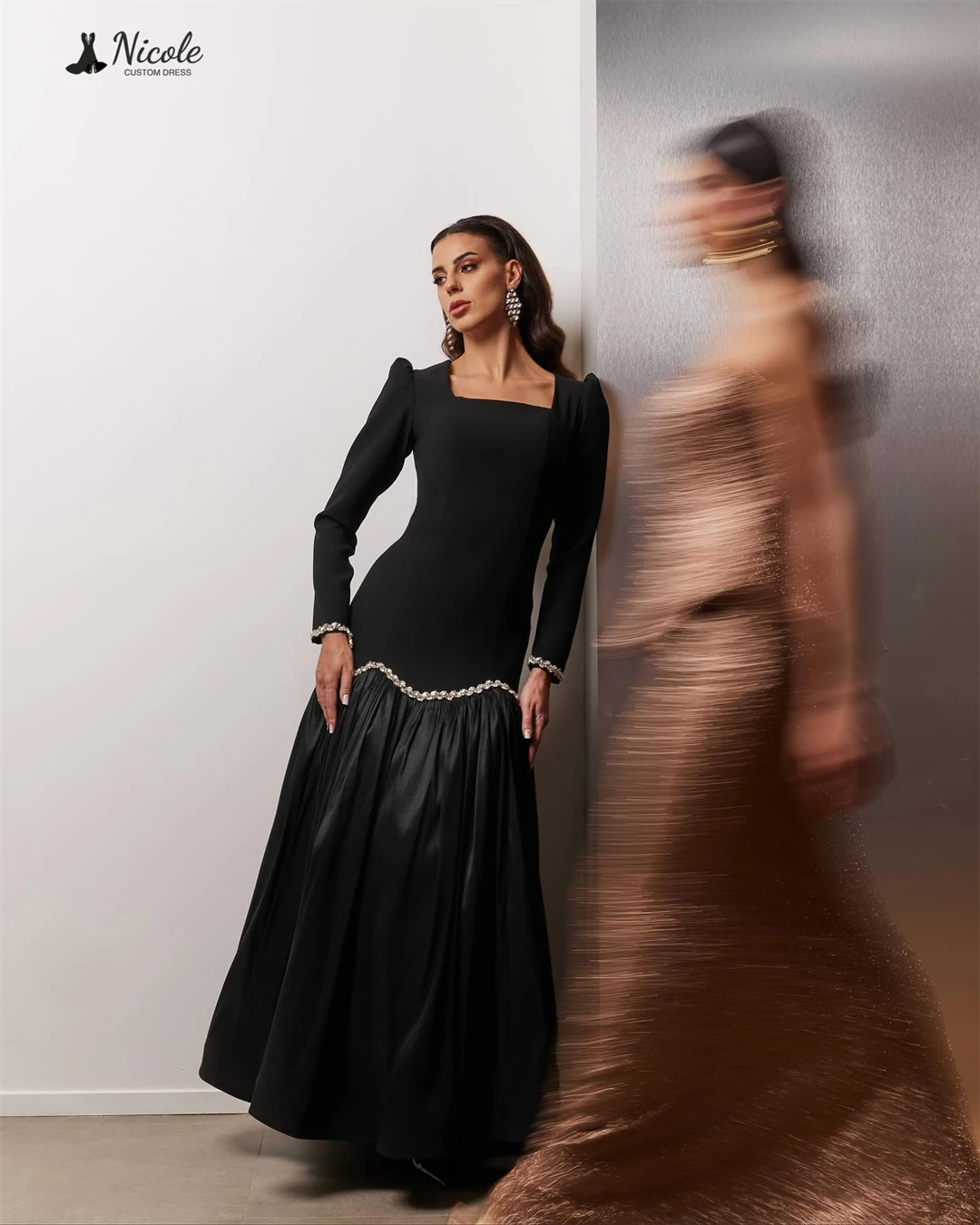 فساتين سهرة نيكول دبي Luxury2025Black بياقة مربعة فستان حفلات فاخر مصنوع حسب الطلب فستان نسائي أنيق بأحجار الراين