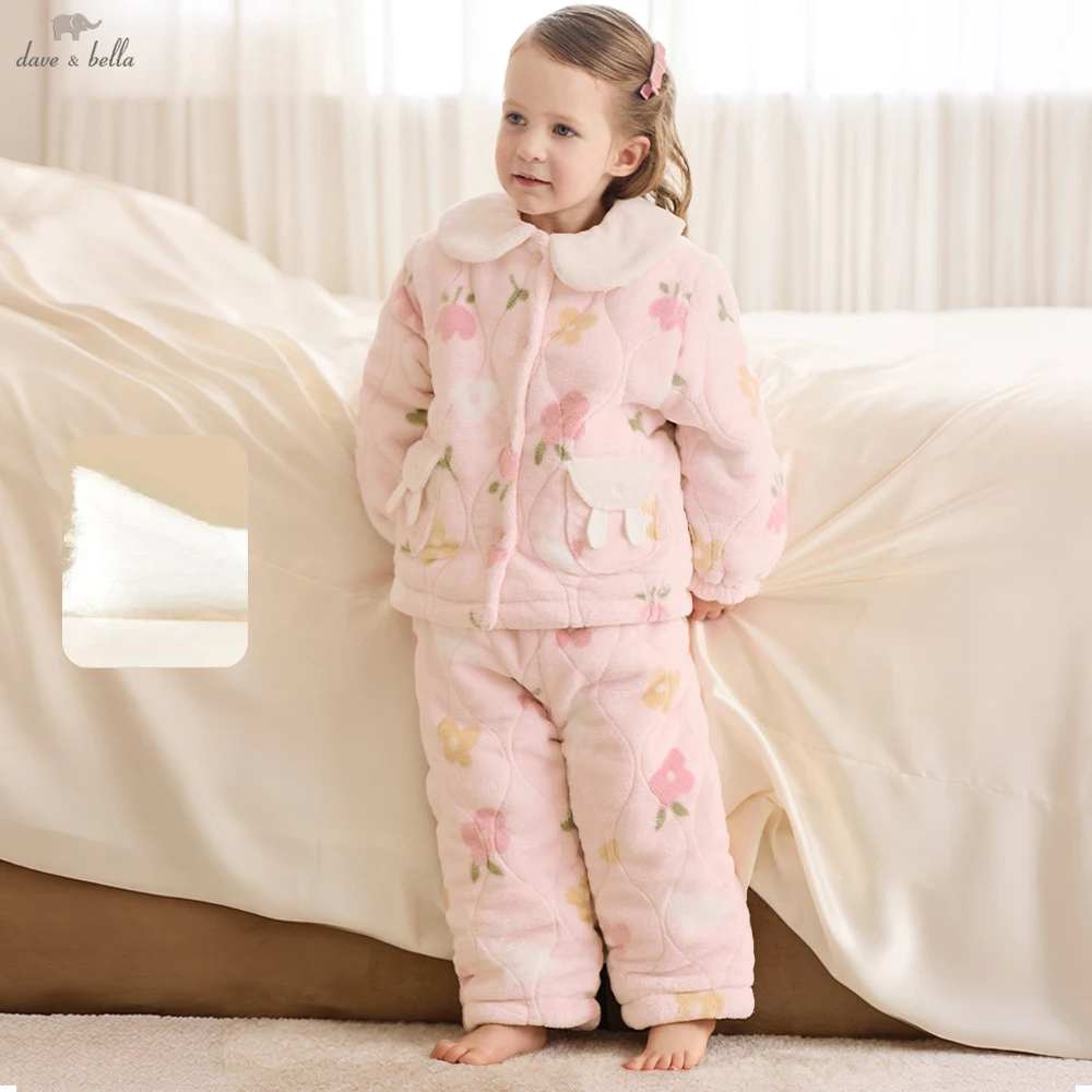 Dave Bella Girls 2pcs Cotton-padded Homesuits Winter Warm Polar Fleece Pajama Set Children Suits Thicken Clothing Set DB4264879