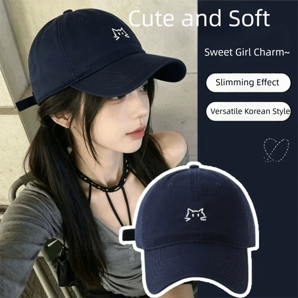Cat Embroidery Baseball Cap Washed Cotton Wide Brim Peaked Cap Adjustable Breathable Fabric Curved Brim Cap For Men Women