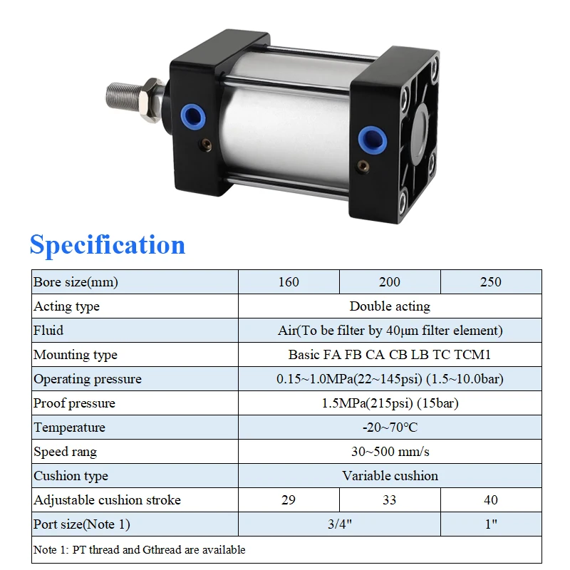 Imagem -06 - Cilindros de ar Padrão Grande Bore Cilindro Pneumático do Pistão Dupla Ação sc 25 a 800 1000 mm Curso Sc160 200 mm
