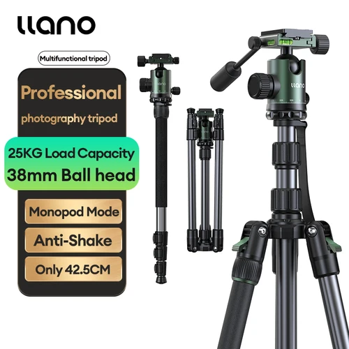 Imagen 2 del producto Llano Trípode de cámara profesional de aleación de aluminio con cabezal fluido - Capacidad de carga de 25 kg, monopié ajustable, portátil para viajes, S