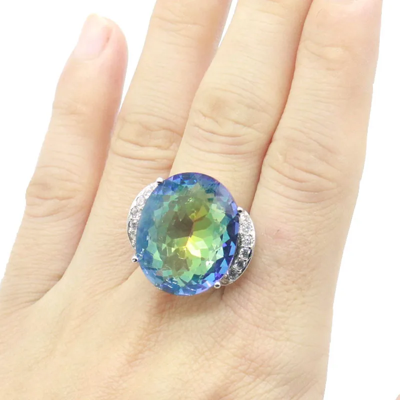 10g Real 925 Solid Sterling Silver Customized Ringss Fire Rainbow Mystic Topaz Green Amethyst Blue Topaz CZ Many Sizes 6-12