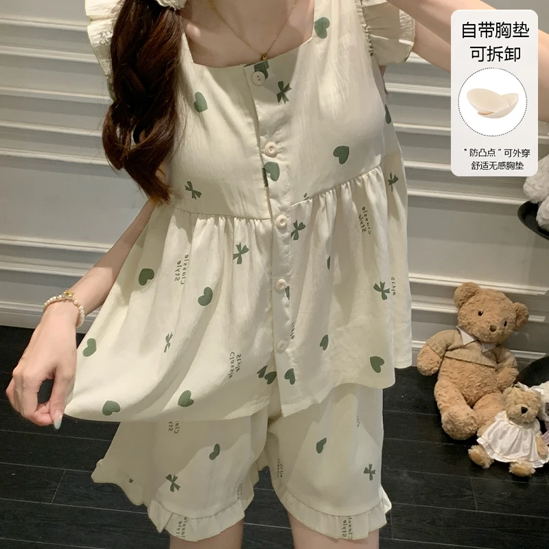 

Женский летний комплект пижамы без рукавов с шортами, двухсоставный, милый, свободный, с подушечками для груди, домашняя одежда для девушек.