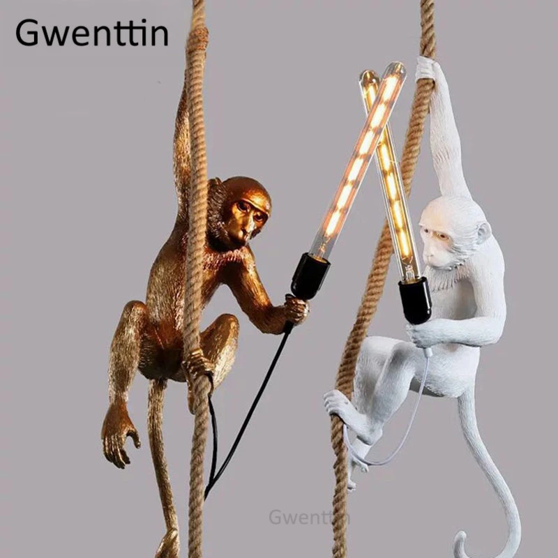 Monkey Lamp Replicas Creative Vintage Pendant Lights Hemp Rope Hanging Lamp Dining Room Loft Industrial Decor Ceiling Chandelier