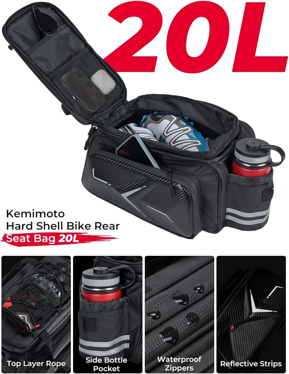 

Hard Shell Bike Bag Rear Rack 20L Capacity, Carbon Leather Bicycle Trunk Bag with Waterproof Rain Cover for Grocery