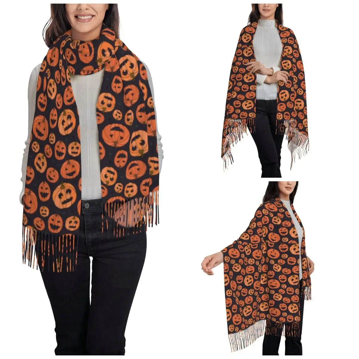 Happy Halloween Shawl Wrap Women Winter Warm Large Soft Scarf Pumpkin Cartoon Reversible Tassel Scarves