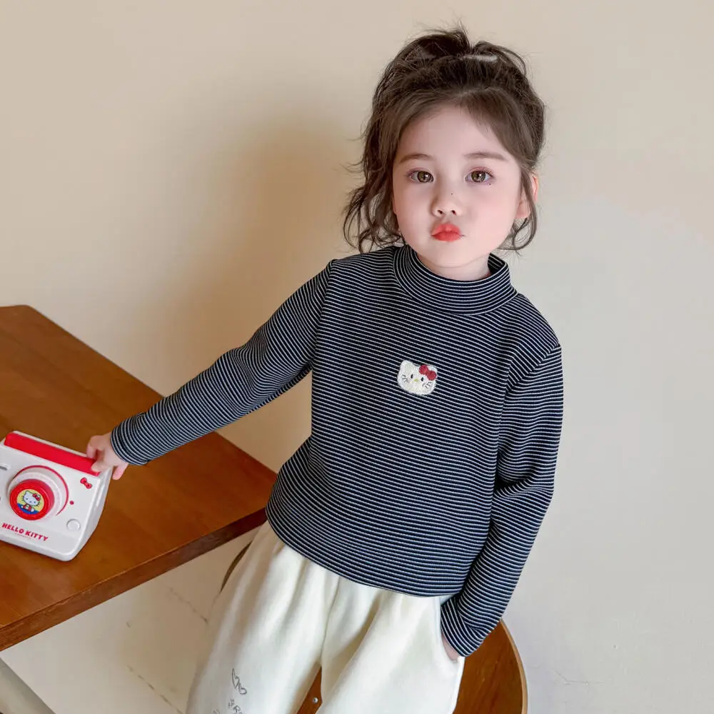 Толстовка Sanrio Hello Kitty для девочек, осенне-зимняя детская футболка с героями мультфильмов, повседневная бархатная нижняя рубашка с длинными рукавами, одежда