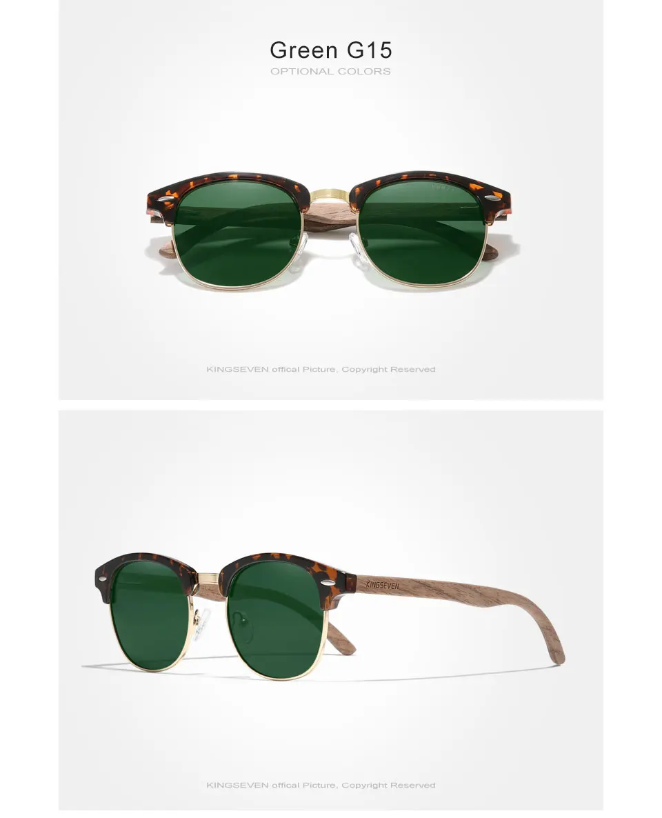 KINGSEVEN Qualität Upgrade Handgemachte Walnuss Holz Sonnenbrille Männer Polarisierte Halbrand UV400 Schutz Retro Brillen Frauen – Detail 9