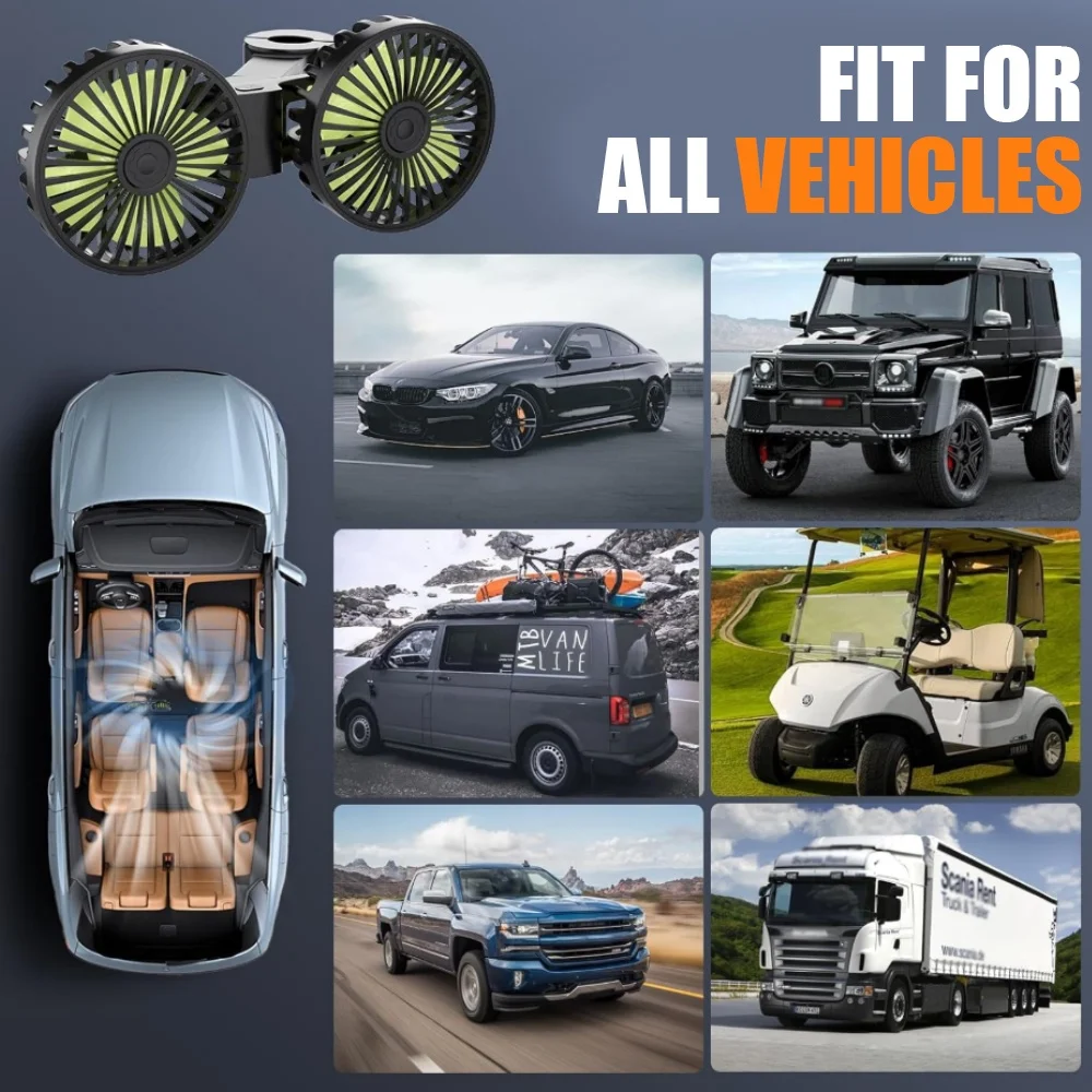 مروحة سيارة 3 سرعات لمقعد السيارة الخلفي مروحة تبريد USB شحن مروحة مزدوجة الرأس 360 درجة دوران الرقبة برودة لملحقات السيارات الصيفية