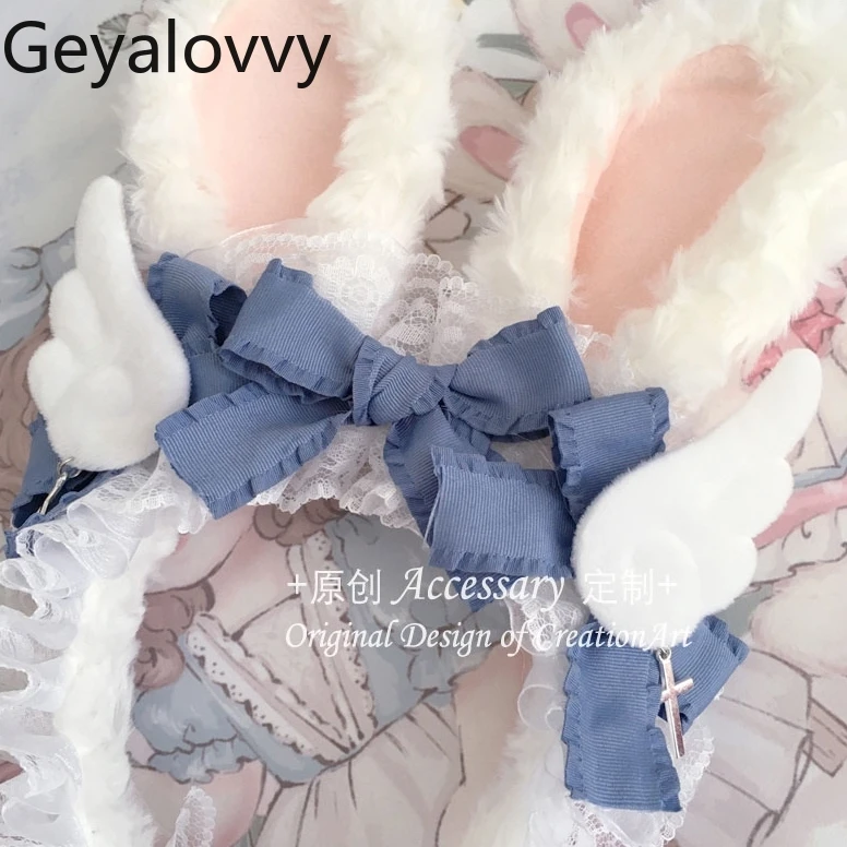 

Japanese Subculture Original Handmade Plush Wings Rabbit Ear Headband Cosplay Blue and White Sweet Girls Hair Accessories