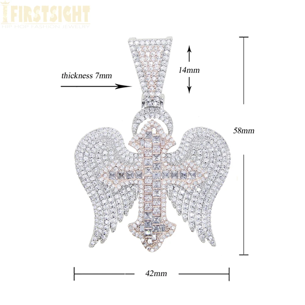 2025 New Eye Cross Necklace Iced Out Bling Two Tone Color Cubic Zirconia Angel wing Cross Charm for Men Women Hip Hop Jewelry