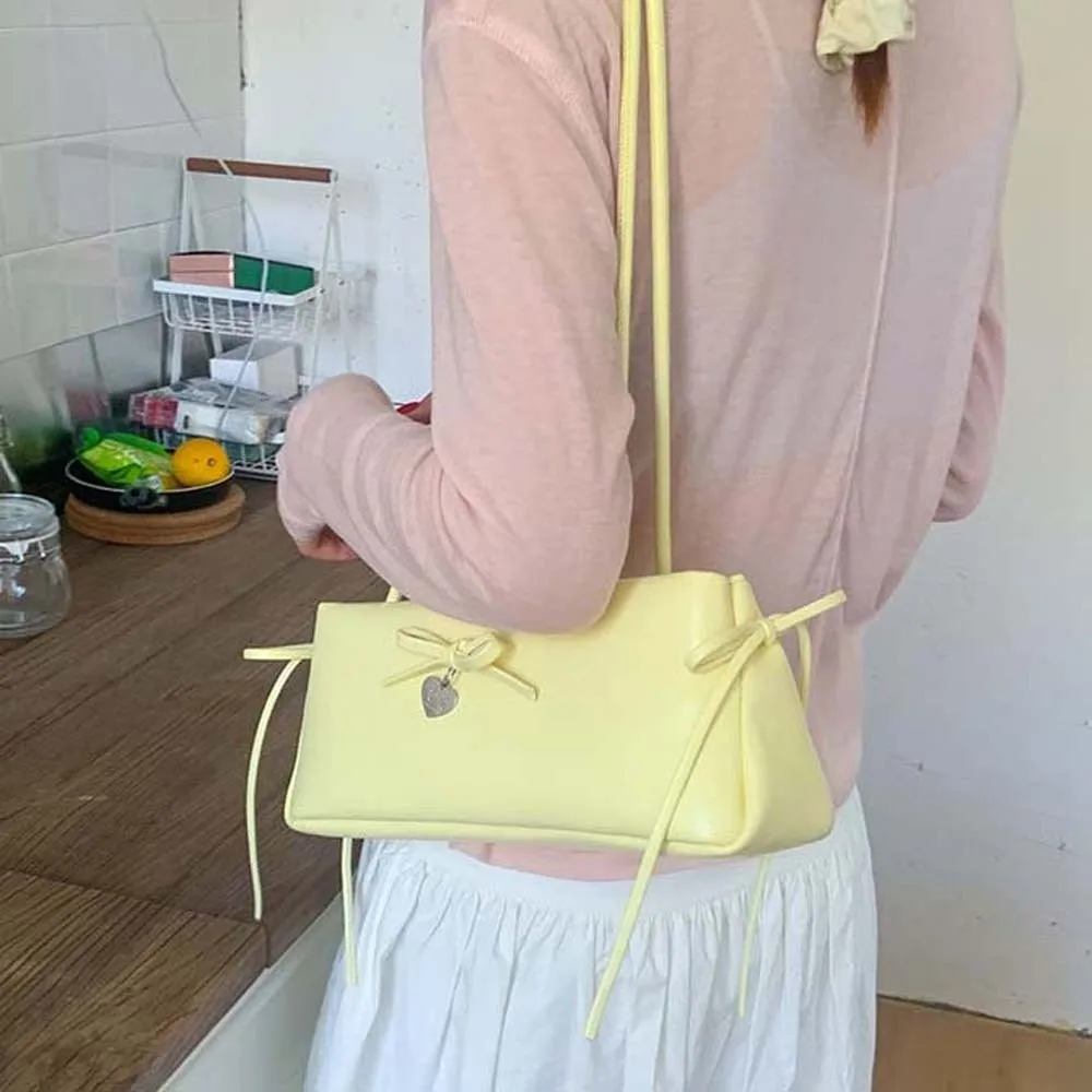 

Sweet French Stick Handbag Anti-splash Water Large Capacity Solid Color Underarm Bags Bow Decoration Korean Style