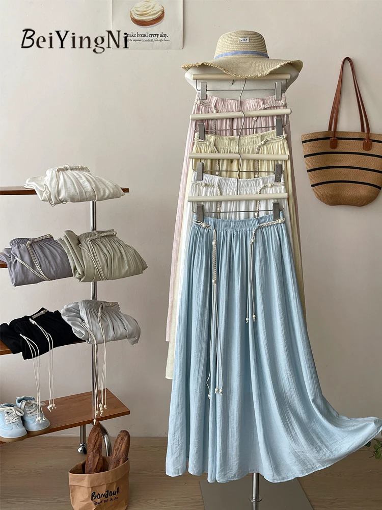 Beiyingni Women's Long A-line Skirt Sashes Casual Retro Style High Waist Lining Skirts Female Plain All-match Slim Faldas Jupes