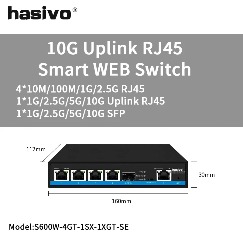 hasivo 4-Port-Web-Managed 2,5 Gps PoE oder kein PoE-Switch + 1x10G SFP + 1x10 Gps RJ45-Uplink 4