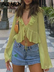 ALLNeon Vintage 90s Streetwear Ruffles Trim Green Chiffon T-shirts Y2K Fashion Sexy Deep V Lace Up Long Sleeve Tops Transparent