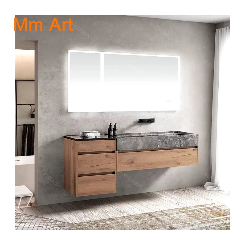 modern hotel home bathroom vanity cabinet gray natural marble wash basin oak wood bathroom vanity with make up grid side cabinet