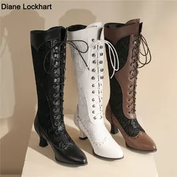 Stivali da donna vittoriani a punta a metà polpaccio Stivali in pelle con pizzo scava fuori Punk Stringhe Strange Steampunk Scarpe con tacco alto Plus Size32-43