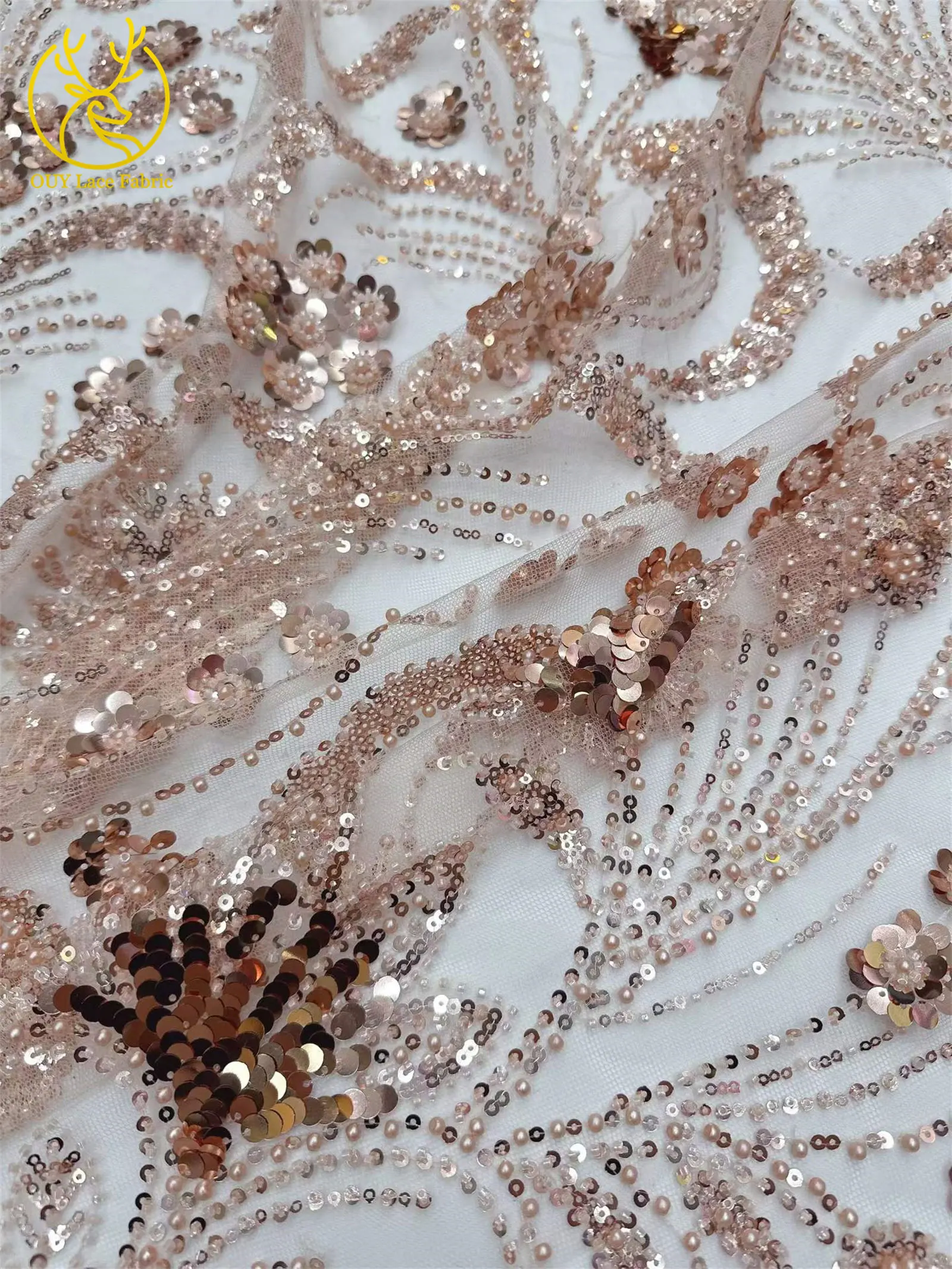 Eleganter 5-Yard-Paillettenstoff mit Kleinen Blumen, Afrikanischer Perlen-Pailletten-Spitzenstoff, Nigerianischer Luxuriöser Pailletten-Netzstoff für Kleider und Näharbeiten – Detail 27