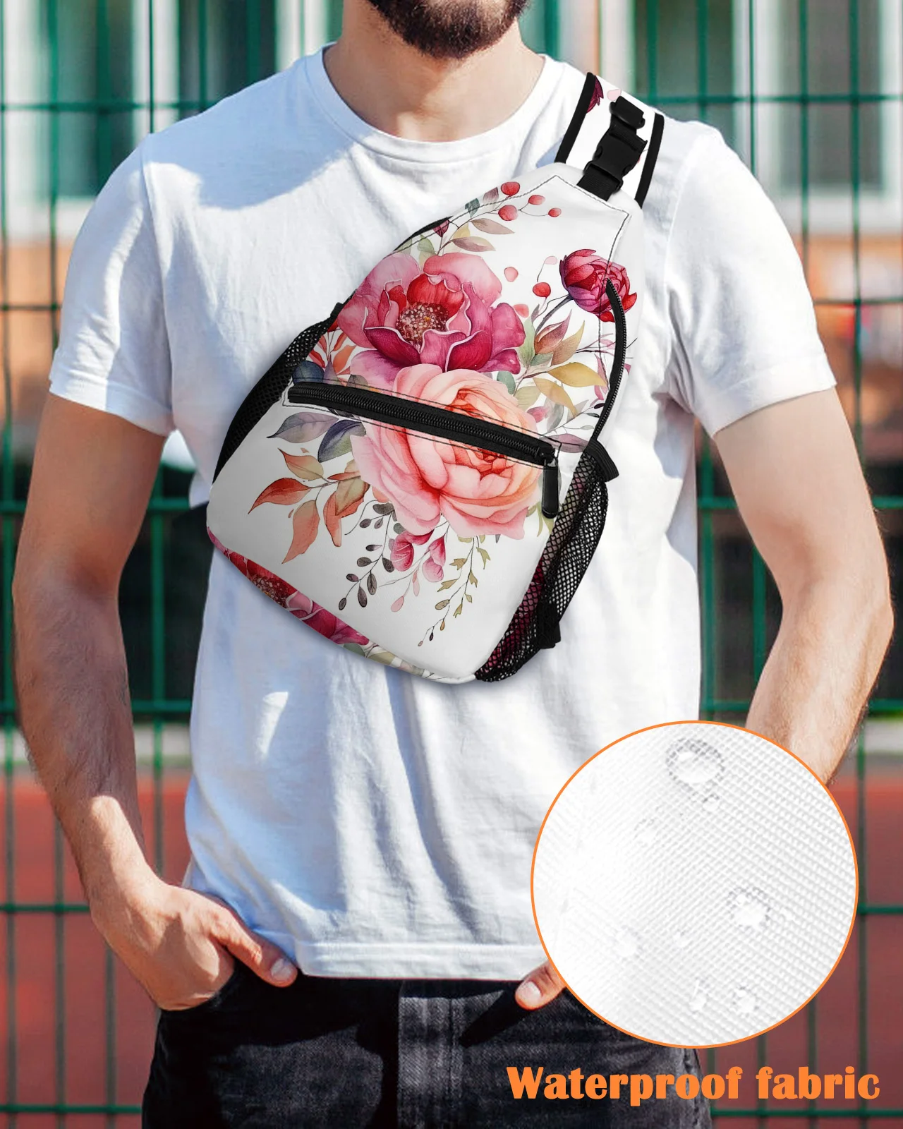 Peony Flower Leaves Chest Bag for Man Women Casual Crossbody Bag Travel Shoulder Bag Large Capacity Sling Bag