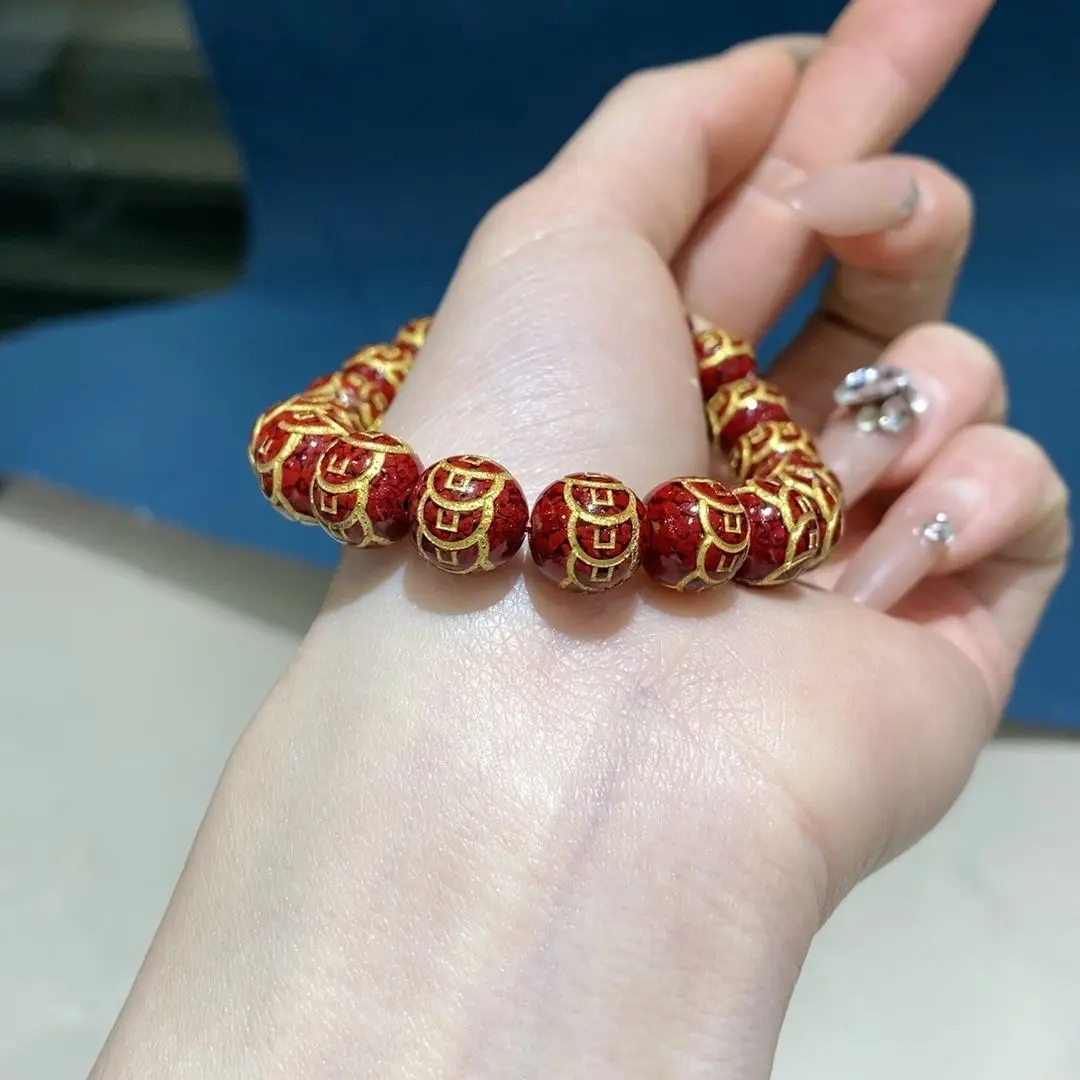 Chinese Ethnic Style Natural Cinnabar Baifu Bracelet Crystal Sand Carved Coin Bracelet Hundred Blessing Round Bead Hand String