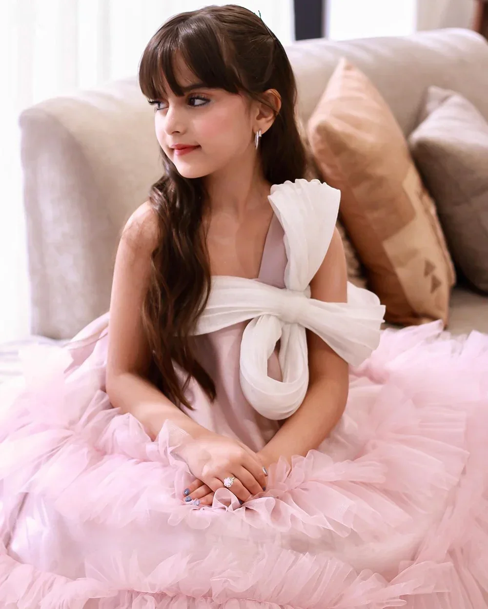 Custom Luxury Dress Wedding Guest Gown Halter Big Bow Multi Layer Ruffle Tulle Kids Gown For Birthday Party Pageant Runway