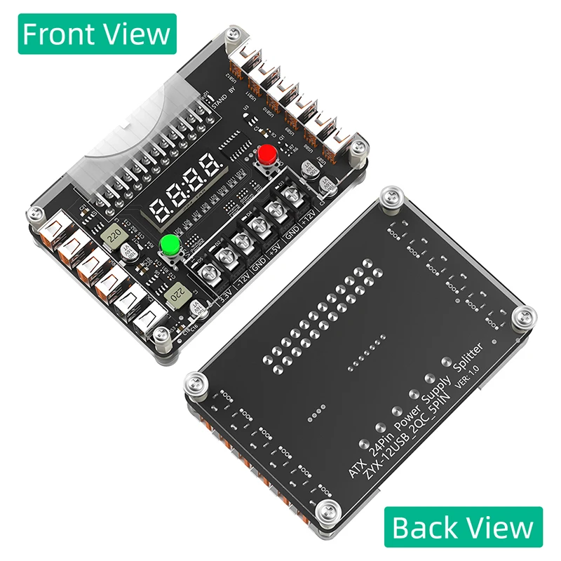 24Pin ATX to 12 Ports USB 2.0 Power Supply Breakout Board Module Adapter Connector Acrylic Case Kit 3.3/5/12/-12V Output Voltage