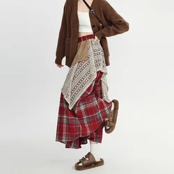 Autumn Winter Woolen Plaid Skirts Women Elastic High Waist Patchwork Irregular Waste Soil Wind Fashion Loose A-line Big Skirt