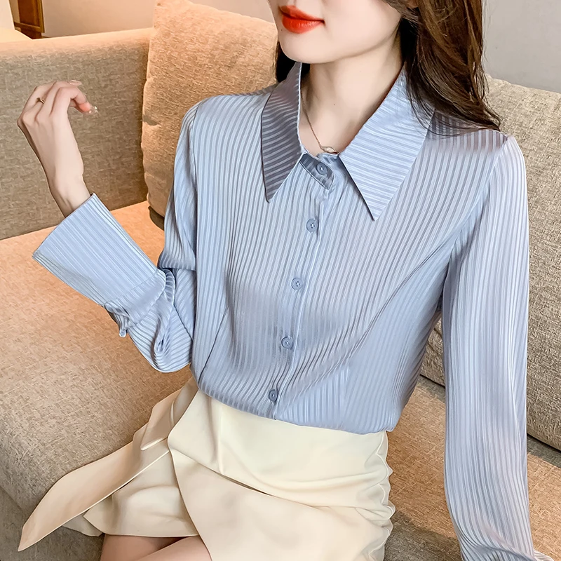 Fashion Turn Down Collar Women Shirt White Long Sleeve Striped Shirt Blouse Women Tops Blusa Blusas Camisas De Mujer Shirts M810