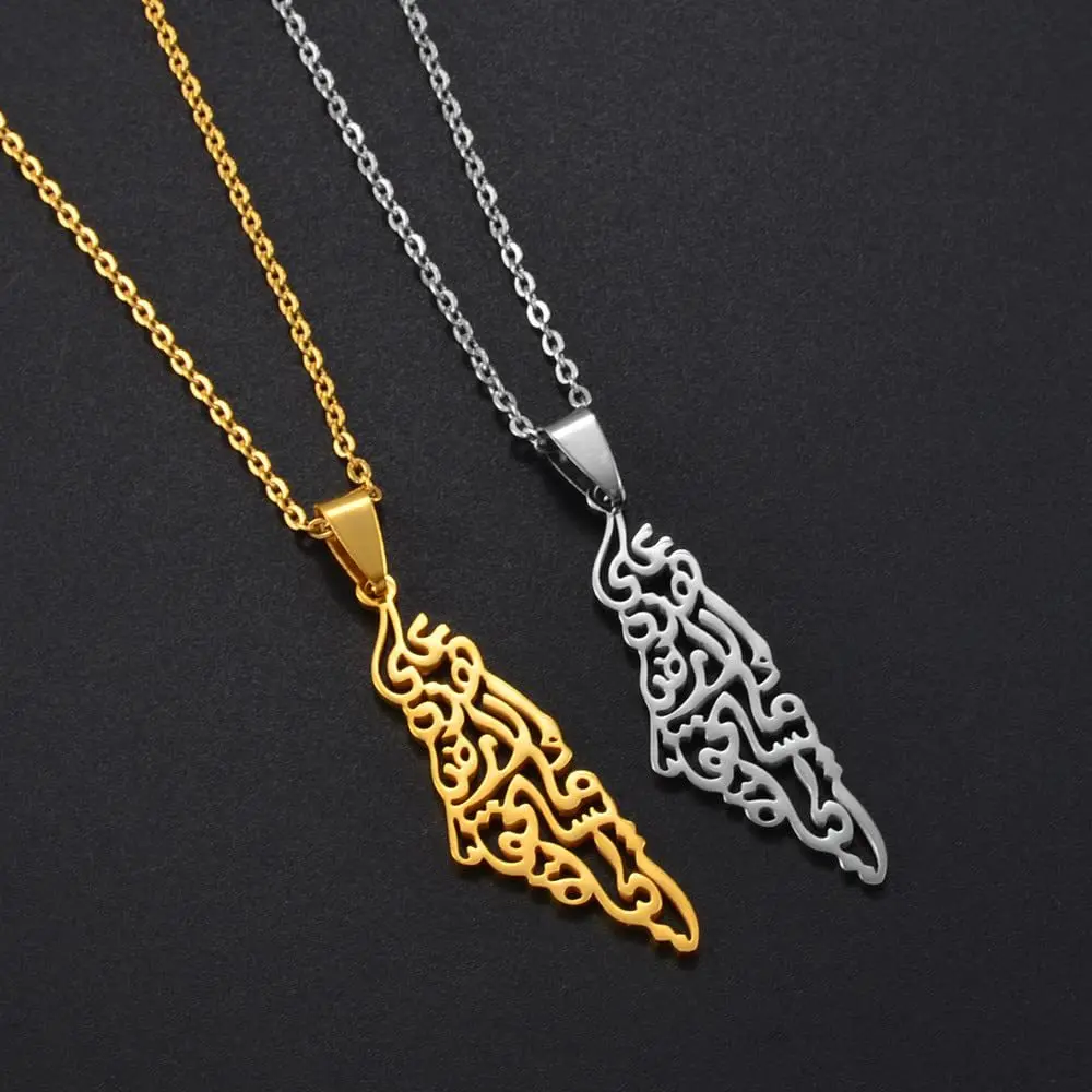 Ethnic Arabic Calligraphy Palestine Map Pendant Necklace For Women Men Stainless Steel Jewelry view 6