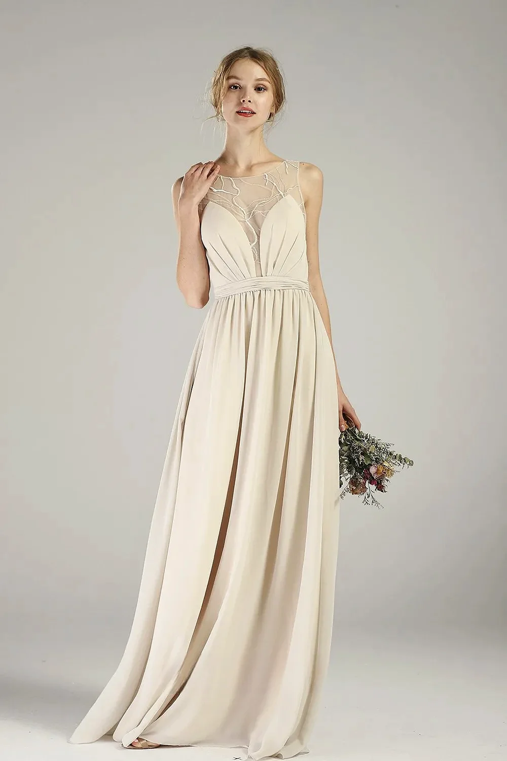 Elegant Beige Prom Dress A-line Wide Shoulder Straps Pleated Sleeveless Lace Hollow Backless Chiffon Guest Bridesmaid Gowns