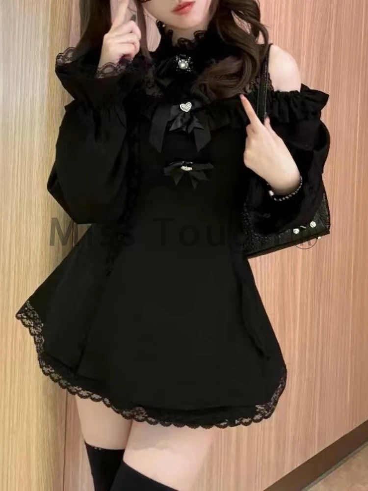 Harajuku Halloween Cos Dark Academia 2 Piece Set Autumn Winter Women New Fashion Black Retro Suit Chic Lace Dress + Short Pants