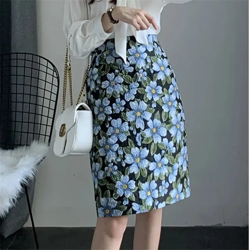 Blue Big Flower Vintage Skirts womens 2023 Spring And Summer New High Waist Slit A-line Skirt Female Straight Bag Hip Skirt Jupe