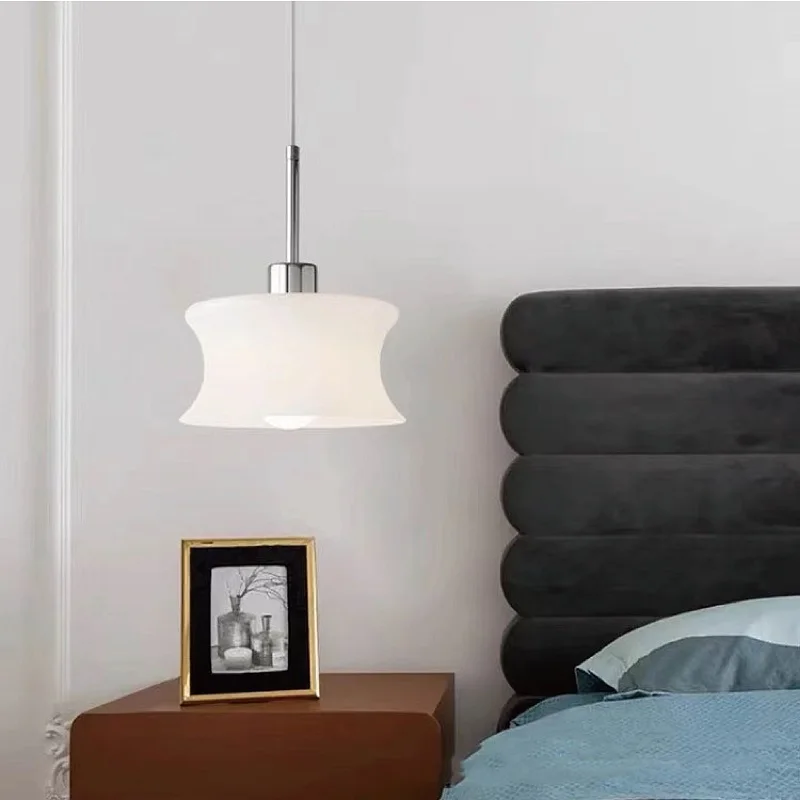 Retro Creamy Glass Chandelier FrenchBay Window Single-Head Balcony Aisle Modern Bedroom Bedside Lamp