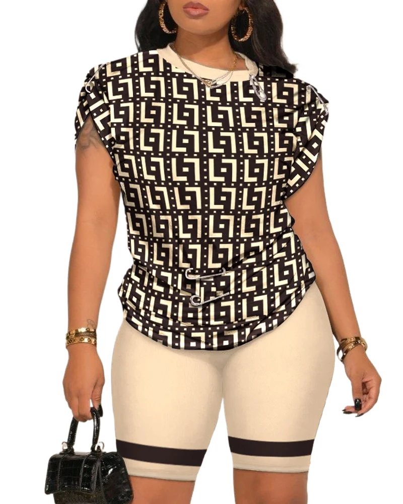 

Casual Short Sleeve Tshirt Shorts Set Office Lady Spring Summer Fashion O-neck Letter Print Two Piece Set Women Outfit 2023