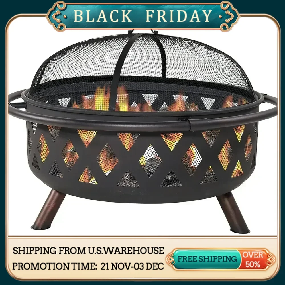 

Burning Outdoor Fire Pit Includes Spark Screen, Poker and Cover 36 Inch Round, Black Crossweave Steel Wood