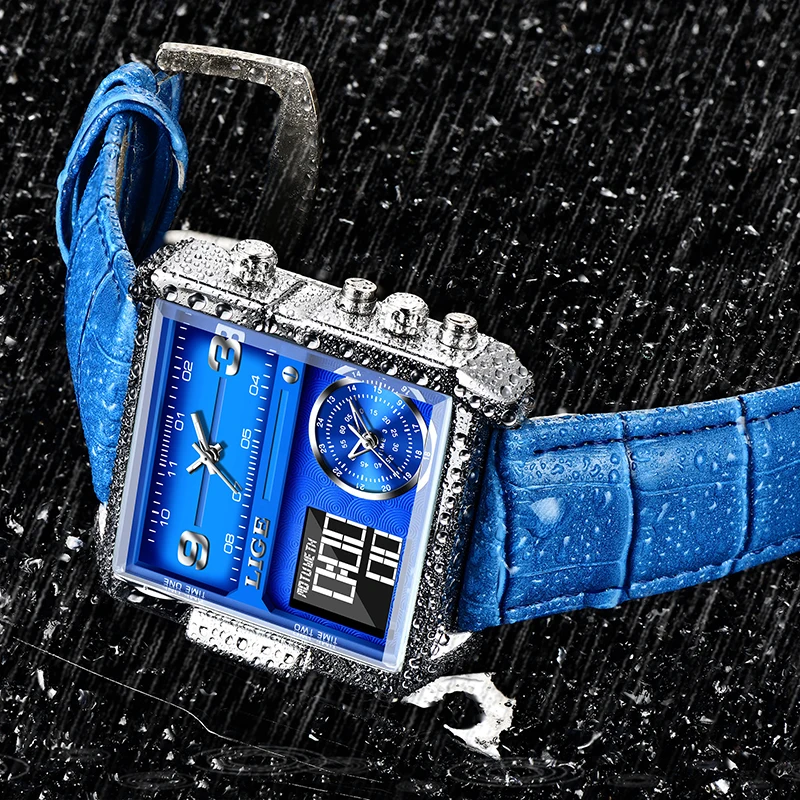 LIGE Mens Watches Fashion Square Blue Leather Strap Calendar Quartz Watches Men LED Digital Dual Display Chronograph Man Watch