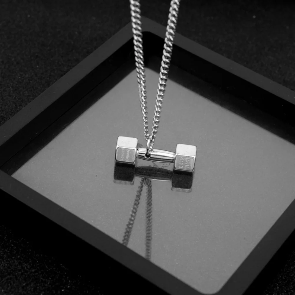 Hip-Hop-Hantel-Anhänger Lange Halskette Retro Silberfarben Edelstahl Herrenhalskette Einfache Pulloverkette Schmuck – Detail 5