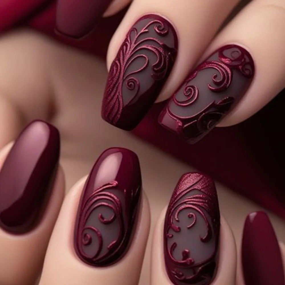 24個入り ヴィンテージ プレミアム ワインレッド プレスオンネイル エンボス加工＆ソリッドカラー ロングコフィンシェイプ 各種サイズ