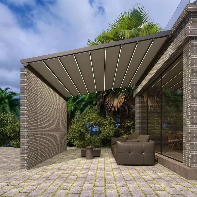 Hot Sale Retractable PVC Pergola Waterproof Remote Control Flexible Electric Aluminum Alloy Frame Powder Coated Nature Treated