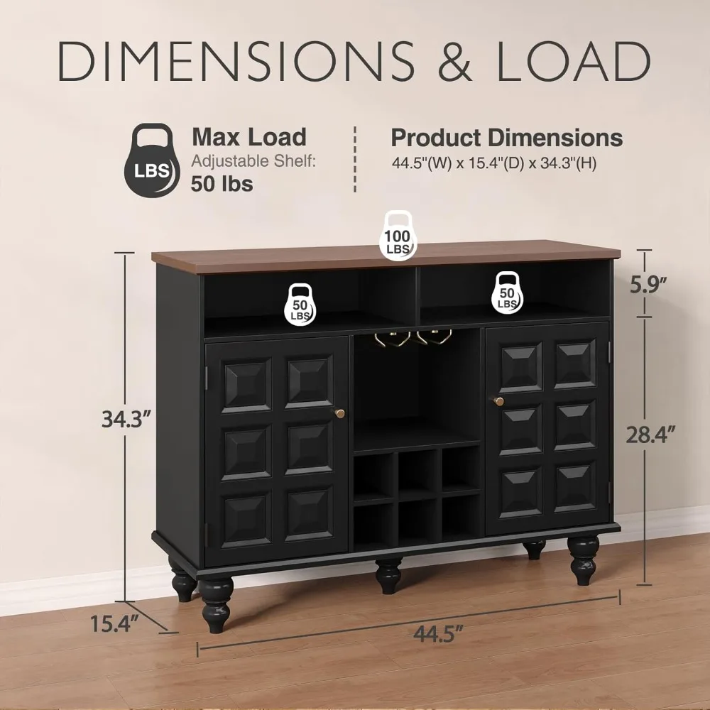 خزانة بار النبيذ الحديثة لمنتصف القرن الأسود مع مساحة تخزين، وخزانة مشروبات مع رف النبيذ وحامل زجاجي، وخزانة بوفيه مع #6