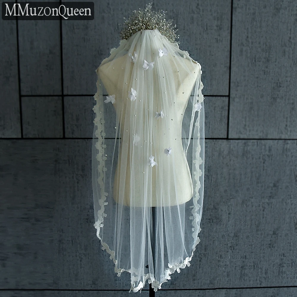 MMQ Pearl Bridal Veil Lace 3d Flowers Refers To Long White Soft Tulle Outdoor Wedding Accessory Women Dress 웨딩소품 M19