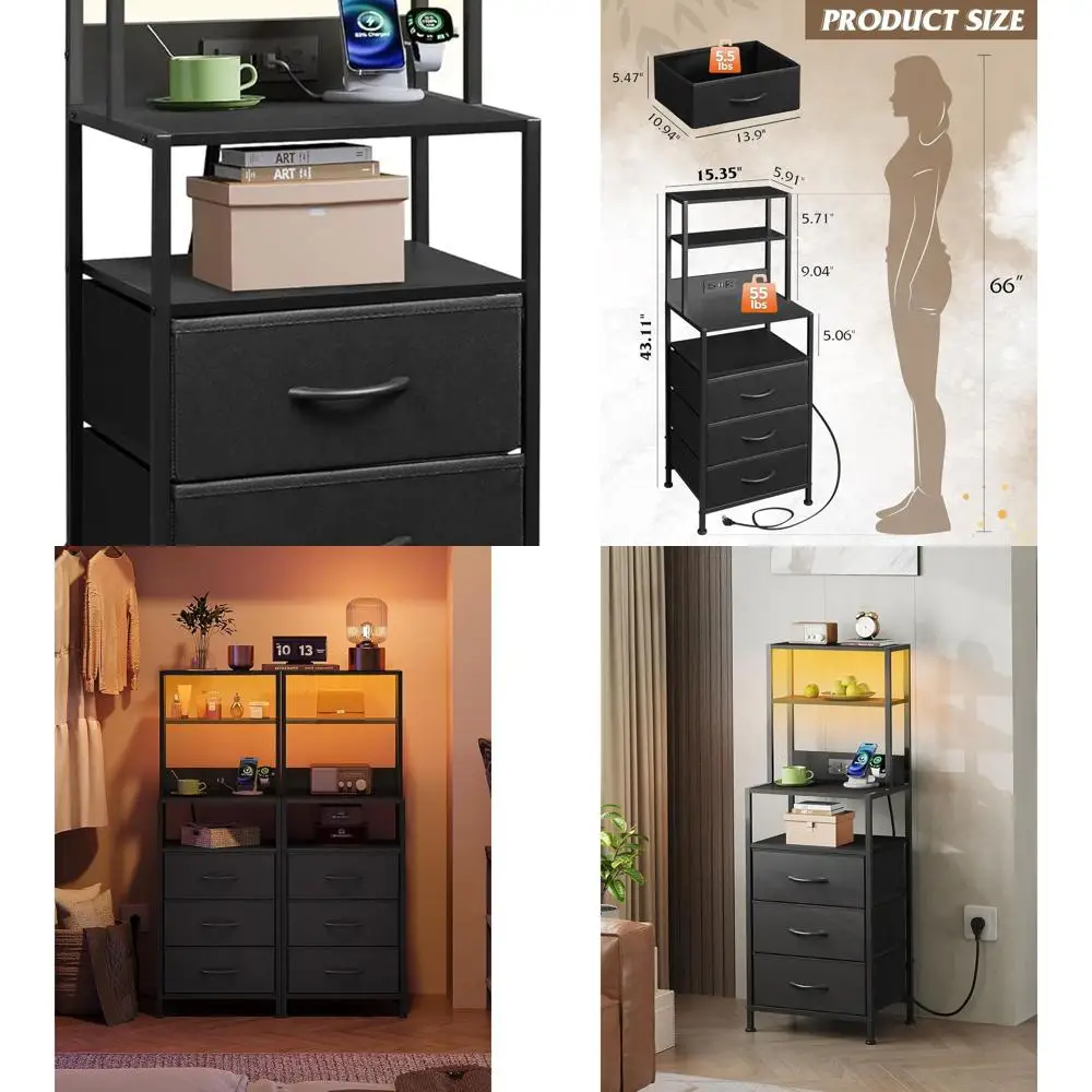 

Современная светодиодная тумбочка с тканевым хранилищем и зарядной станцией с 3 ящиками, гладкий черный приставной столик для спален и гостиных