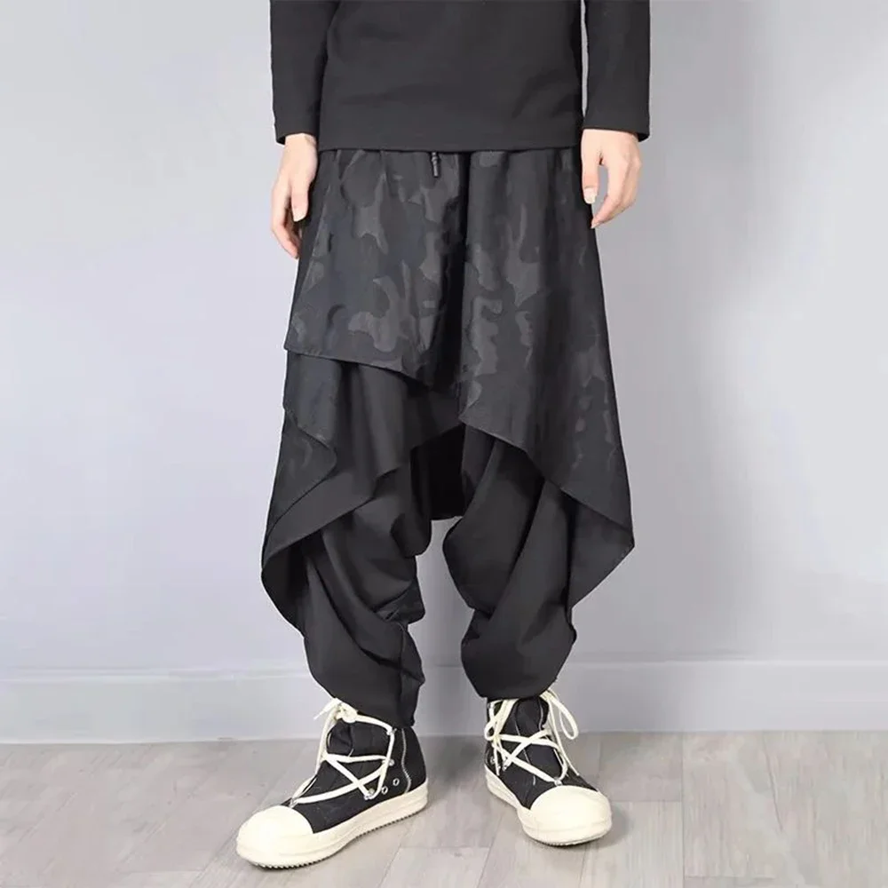 Mens Dark Style Double Layer Irregular Skirts 2024 New Genderless Fashion Personality Solid Color Loose Wide Leg Pants Unisex