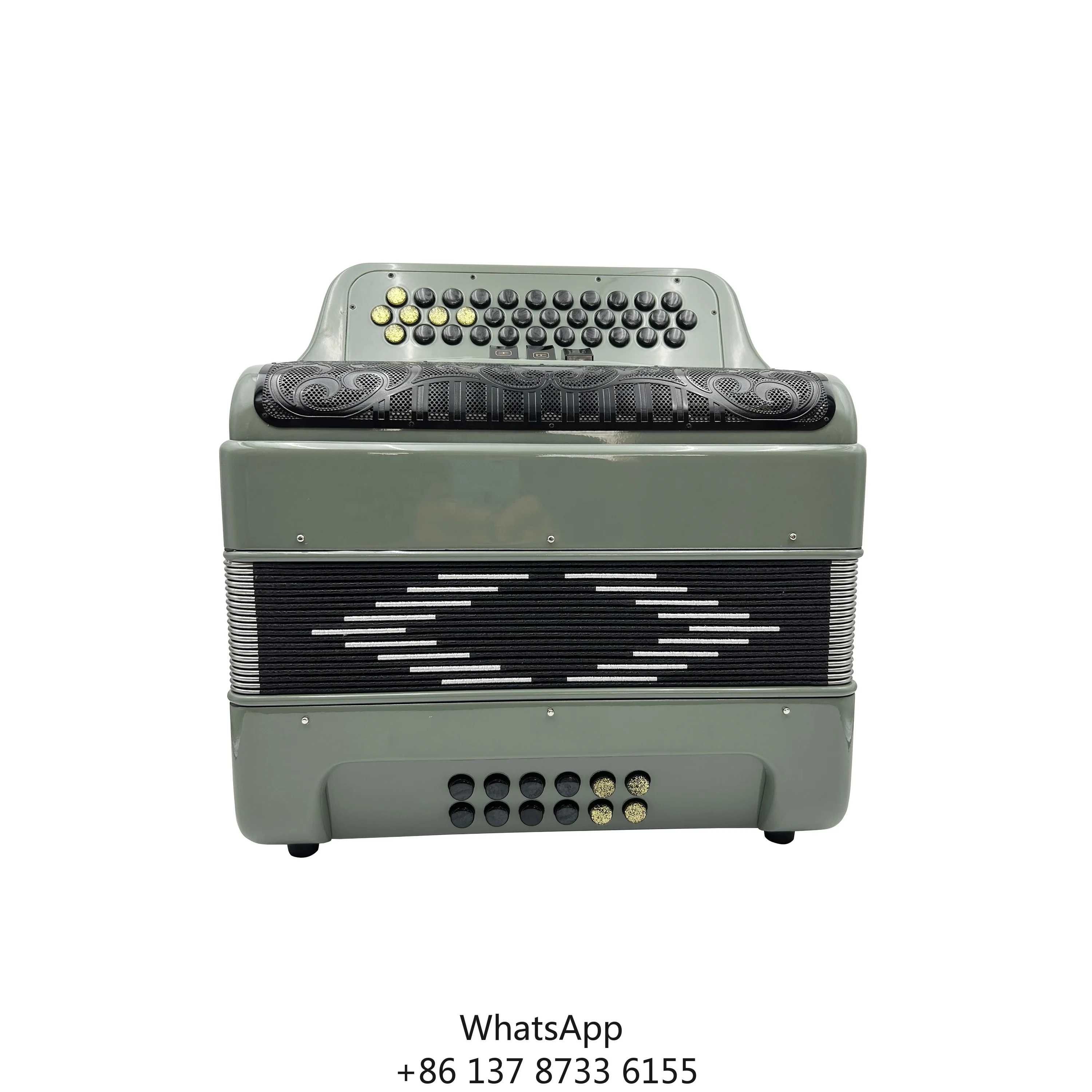 

Professional 34-Button 12-Bass 3-Register Sky Grey Accordion With Black Grill And Gold-Black Buttons JB3412C Acordeon
