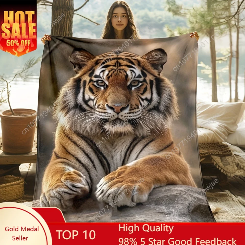 

Single Piece of a Tiger-Themed Blanket Designed for Comfort, Perfect for Use on Sofas, During Outdoor Activities, Camping, in Li