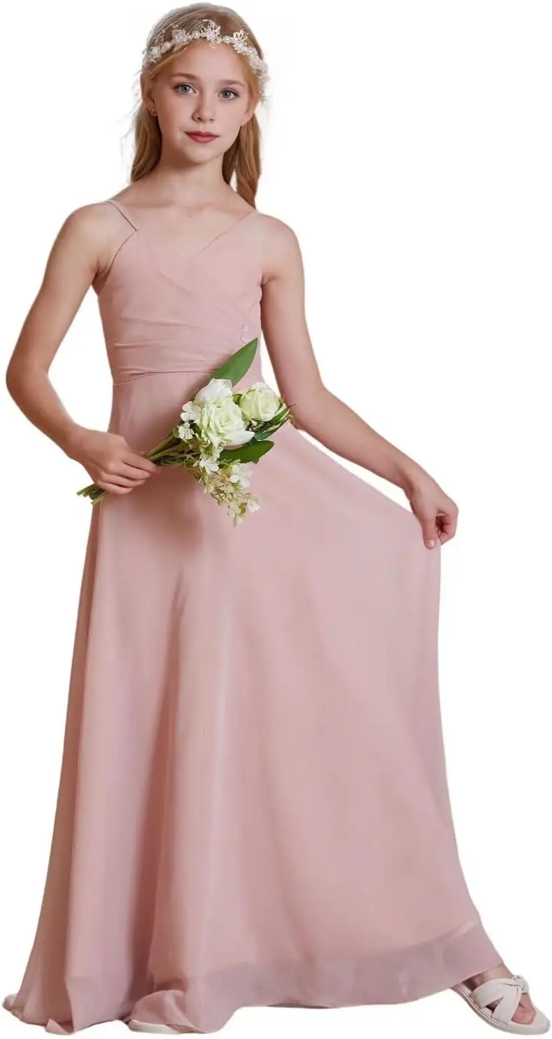 فساتين فتاة فاخرة على شكل حرف A فساتين وصيفة العروس الصغيرة من الشيفون للفتيات فستان الأميرة الطويلة فساتين رسمية بأشرطة قابلة للتعديل فستان بناتي