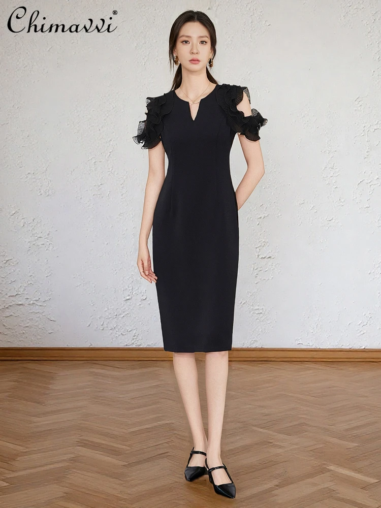 

French Elegant Socialite Black Dress V-Neck Ruffles Off-Shoulder Short Sleeve High Waist Hip-Wrapped Simple Commuter Dress Women