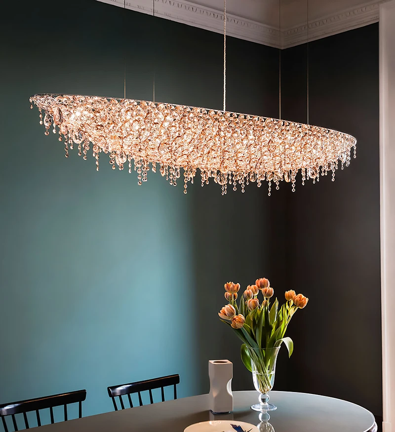 

Gold Crystal Chandelier Light Modern Hanging lamp for Dining Room Boat-shaped Oval Chandeliers for Kitchen Island Ceiling Lamp