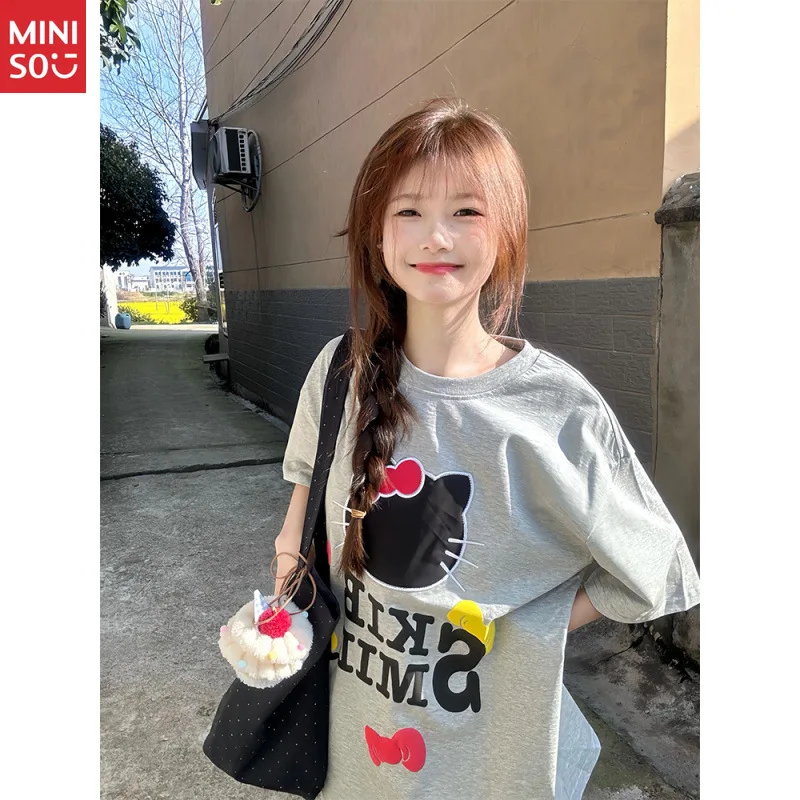 

Miniso Vintage Gray Cotton Tee 2025, Embroidered Round Neck Top for Women