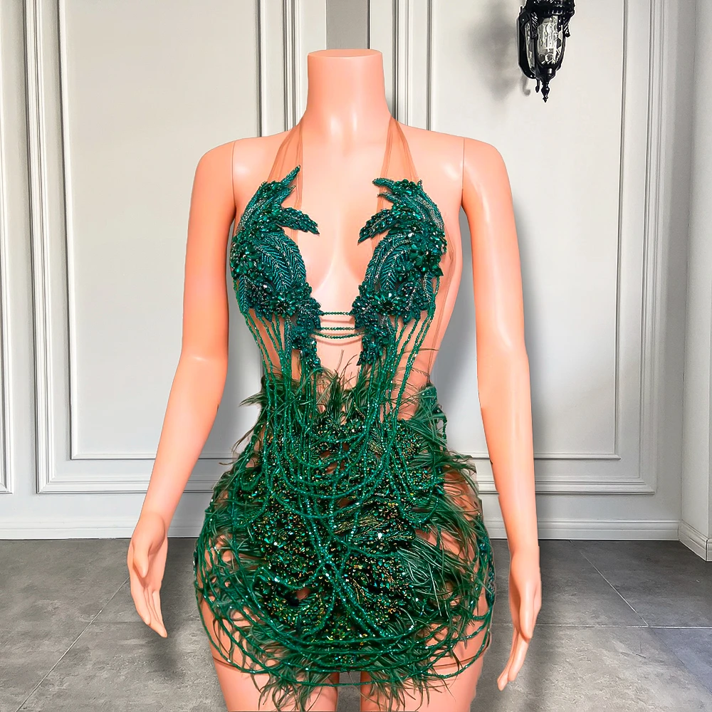 Abiti da compleanno da donna con diamanti verde scuro scintillanti di lusso Sexy See Through Black Girls Feather Black Girl Short Prom Dresses 2023